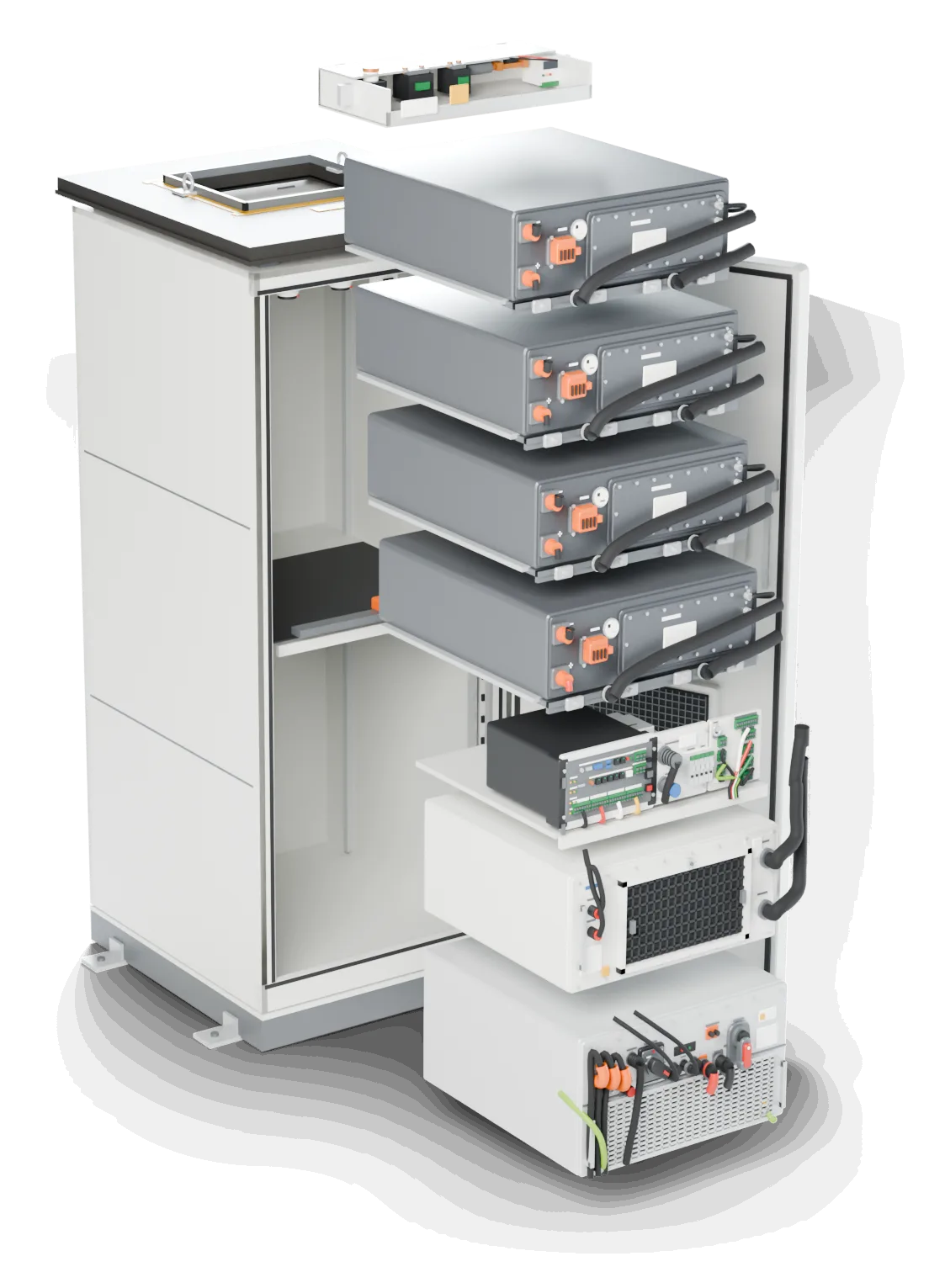 Gabinete do BESS aberto, com as camadas separadas: inversor, controle térmico, controle, quatro módulos de bateria e proteção elétrica.