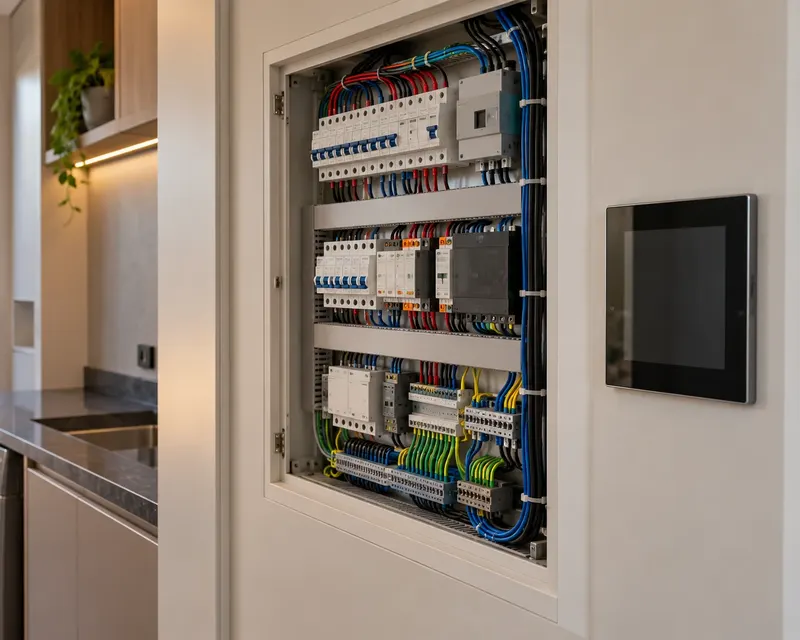 Quadro elétrico de uma casa embutido na parede da lavanderia, com os circuitos organizados e a tela de controle da automação ao lado