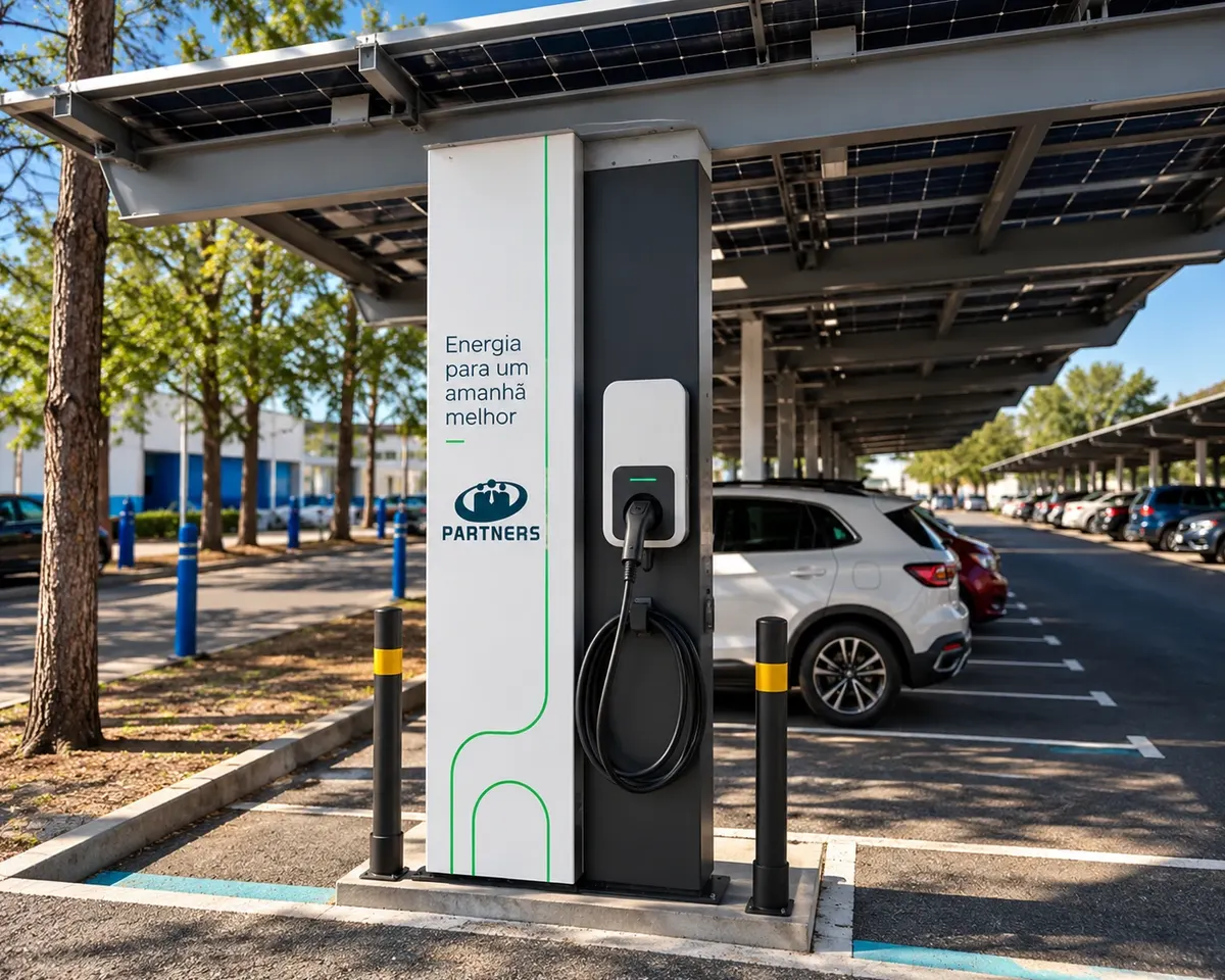 Estação de recarga de carro elétrico sob um carport solar, com o cabo enrolado no totem e carros estacionados ao fundo